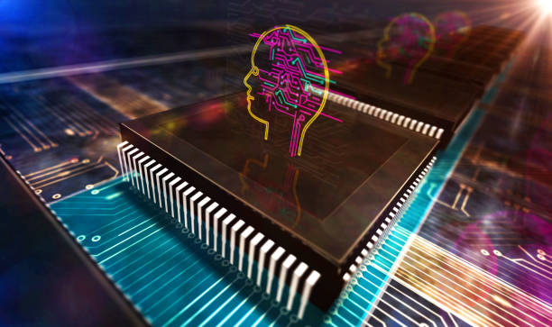 istock Processor factory with laser burning of Artificial intelligence symbols illustration 1221767070