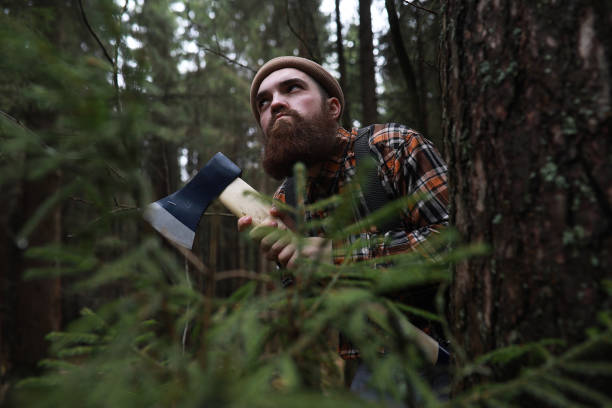istock A bearded lumberjack with a large ax 1221770714