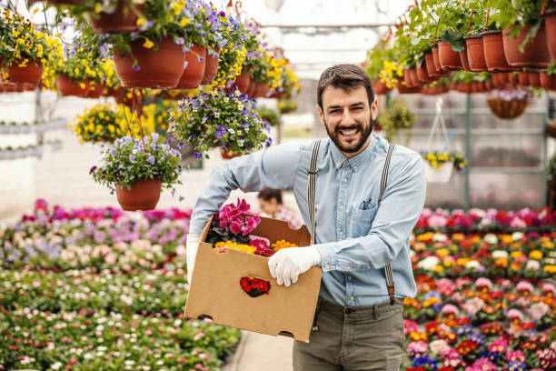 istock Smiling bearded entrepreneur holding box with order. Hothouse interior. 1221771439