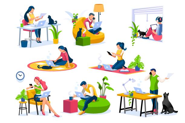 home office sammlung isometrische personen - von zu hause aus arbeiten stock-grafiken, -clipart, -cartoons und -symbole