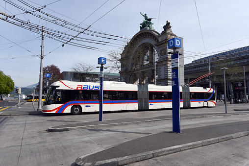 A Hess lighTram Trolley from the Lucerne Rbus - line captured at the main Bus Station. The LighTram made by the Swiss company Hess offers place for 155 passengers (60 sitting and 95 standing).
