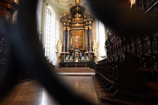 The Church of St. Leodegar is a Roman Catholic church in the city of Lucerne. The church was created between 1633 and 1639. The interior of the church with its decorated Altars and architectural columns.
