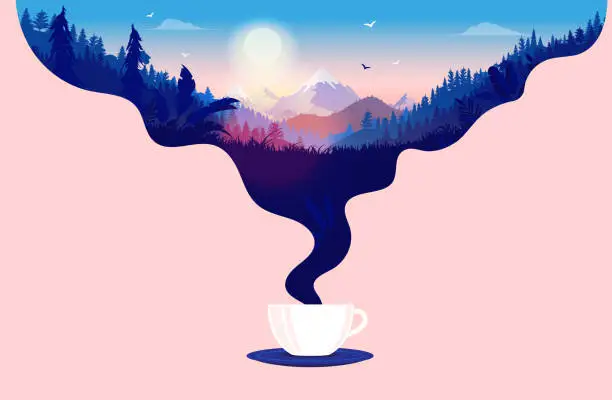 Vector illustration of Morning coffee - Coffee cup with steam and a beautiful sunrise in a landscape with forest, mountains and blue sky