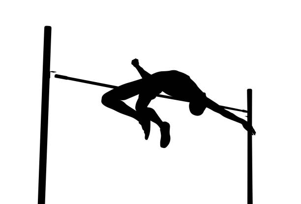 ilustraciones, imágenes clip art, dibujos animados e iconos de stock de intento fallido de alto salto hombre atleta - salto de altura