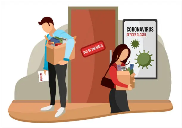 Vector illustration of Fired and dismissed people from job. Dismissal, severance, termination in case of coronavirus or virus COVID-19. Unemployed jobless benefit. Boss dismissed employee. Cartoon vector illustration.