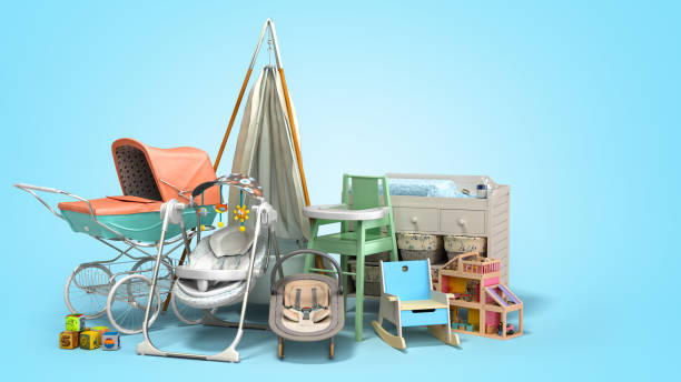 istock goods for kids childrens furniture and accessories 3d render on blue gradient 1221774849