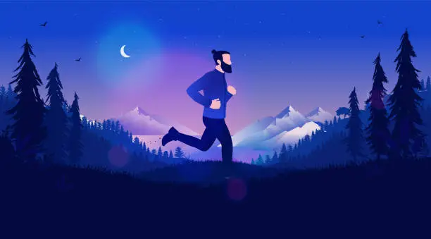 Vector illustration of Jogging at night - Man exercising and running in beautiful forest landscape with mountains, sea and moon in sky