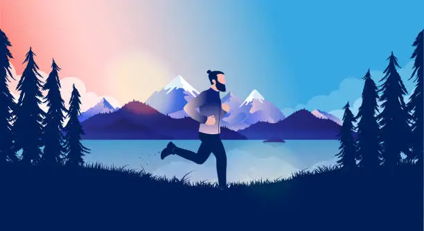 Vector illustration of Exercising outside - Man with beard running by the lake with mountains and sunlight in background