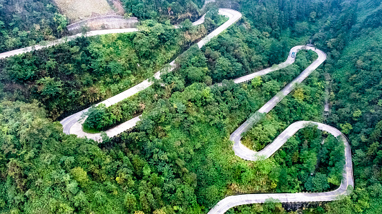 The endless Slalom road leading to Tianzi Mountain, taken from above, Zhangjiajie, China.