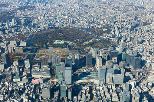 Aerial photo of central Tokyo taken from a helicopter on sunny day