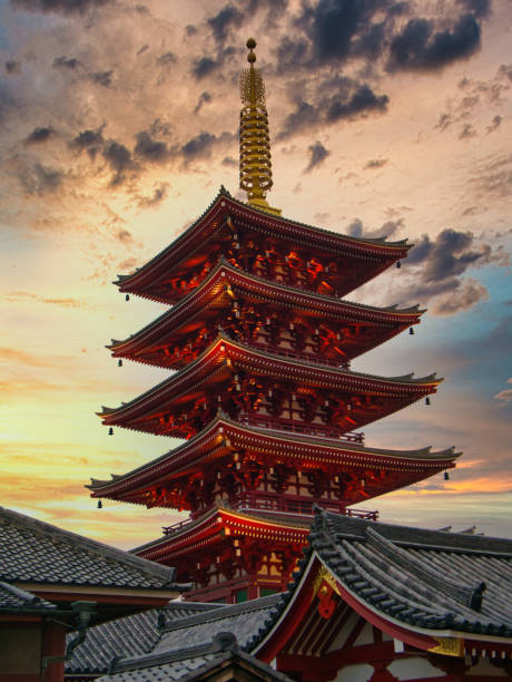 The five-storey pagoda at Senso-ji, Tokyo's oldest Buddhist temple Taken at dusk, the five-storey pagoda at Senso-ji, Tokyo's oldest Buddhist temple located in Asakusa district. sensoji stock pictures, royalty-free photos & images