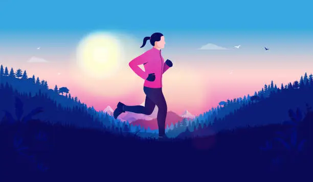 Vector illustration of Woman jogging early morning in beautiful landscape