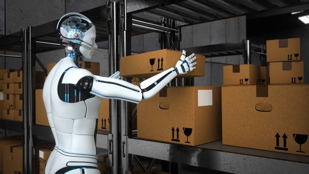 istock Humanoid robot works in a shipping warehouse 1221776807