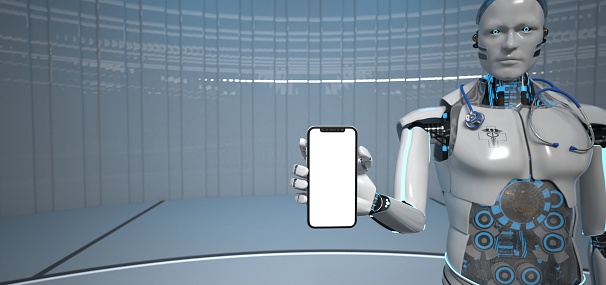 Humanoid robot as a medical assistant with a smartphone. 3d illustration.