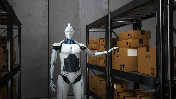istock Humanoid robot works in a shipping warehouse 1221777507