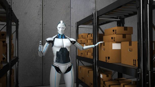 istock Humanoid robot works in a shipping warehouse 1221777669