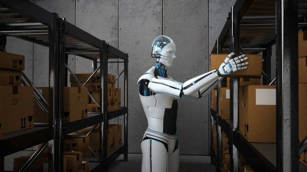 istock Humanoid robot works in a shipping warehouse 1221777738