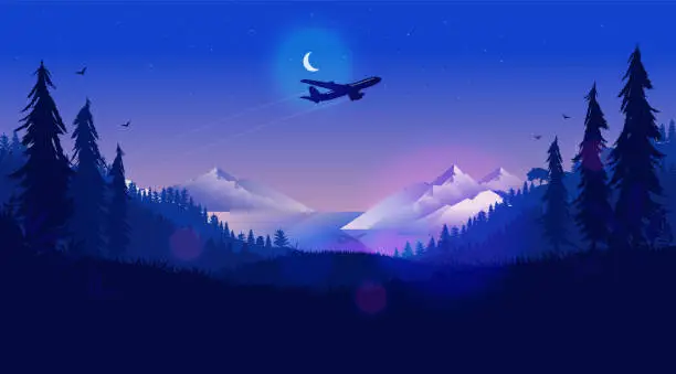 Vector illustration of Plane in night sky - Airplane flying over a northern landscape at nighttime with half moon, mountains, ocean and forest