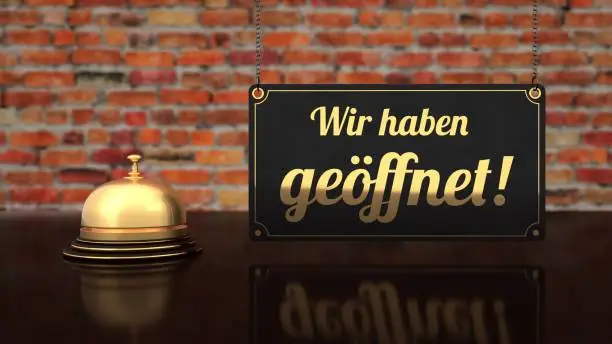 German text We have geoeffnet, translate We're open. 3d illustration.