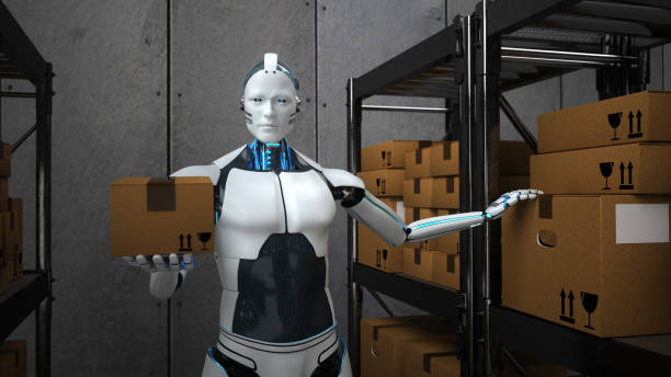 istock Humanoid robot works in a shipping warehouse 1221777914