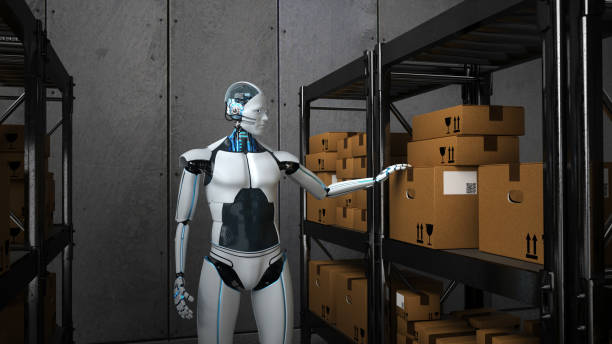 istock Humanoid robot works in a shipping warehouse 1221777962
