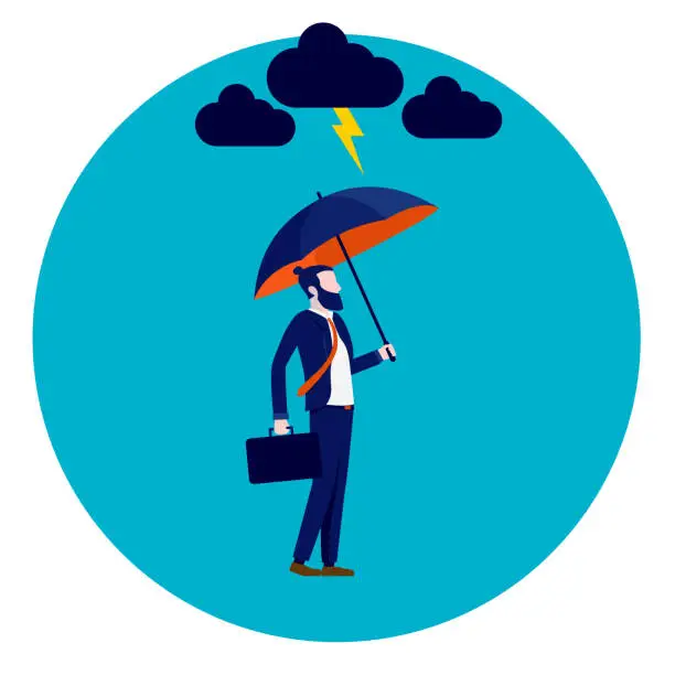 Vector illustration of Overcoming adversity - Businessman with umbrella withstanding bad weather