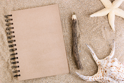 Notepad with copy space for text on the sea sand next to a starfish and shell, and eco wooden pen. The concept of tourism, holidays and travel, vacation by the sea ocean. Copy space. Flat lay. Top view.