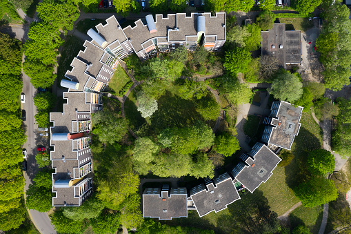 Apartment blocks viewed from above.