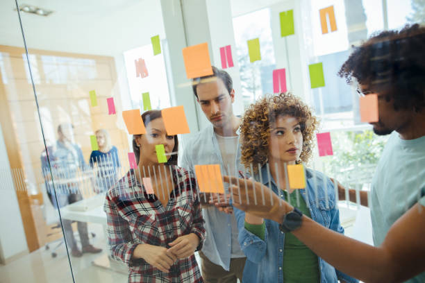 istock Business team brainstorming in front of glass wall 1221784056