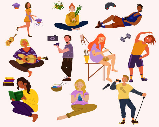 Set of icons of people and their Hobbie Set of icons of people and their Hobbies, various Hobbies of people, Hobbies for home middle aged woman cooking stock illustrations