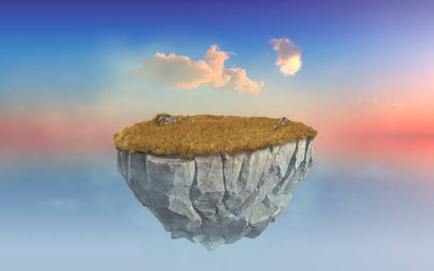 istock 3d paradise rock floating island with green grass field, surrealism float stone land isolated on surreal orange sunset 1221784263