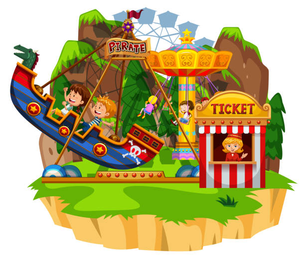 ilustrações de stock, clip art, desenhos animados e ícones de scene with kids riding viking in the funpark - boyhood