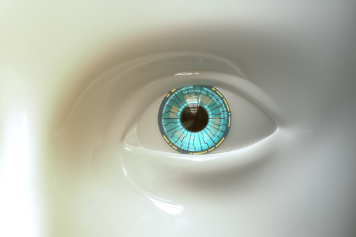 3D render image of sci-fi style eye.  An artificial intelligence concept.