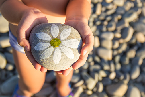 pebbles with a painted daisy in the hands of a child on the background of a pebble beach in summer