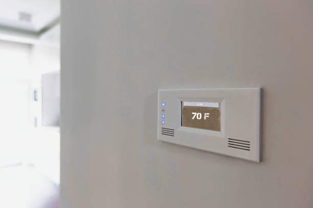 istock Close up photo of modern temperature touch switch board on wall 1221791190