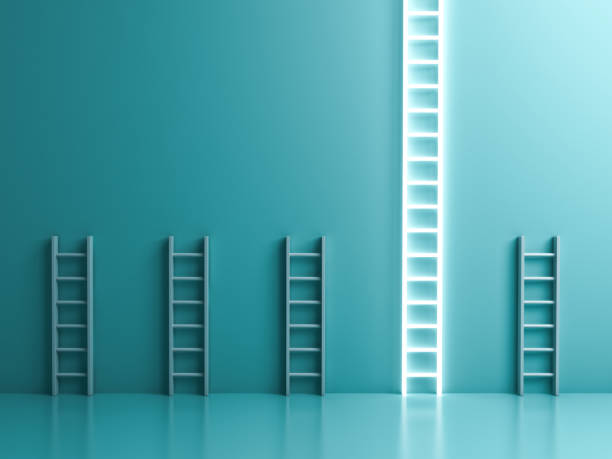 istock Longest neon light ladder standing out from the crowd and different the business creative idea concepts on blue green pastel color wall background 1221793147