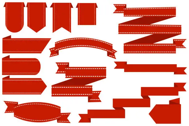 Vector illustration of Ribbons of different sizes and shapes in red with a white dashed seam around the edges on a white background. Tapes are diverse with a unique design. Vector graphics. Stock Photo.