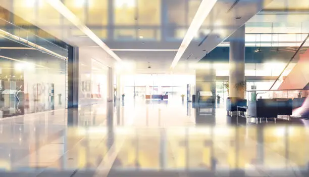 Empty shopping center or building entrance and  business building reflection