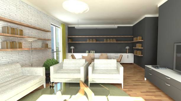 istock 3d illustraton of a rectangular living room with sitting and dining area. 1221798455