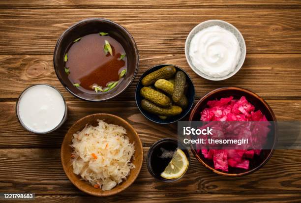 Assorted Fermented Foods Stock Photo - Download Image Now - Food, Probiotic, Fermenting