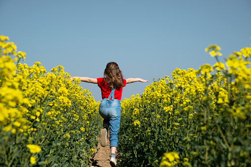 Girl running trough rapeseed field