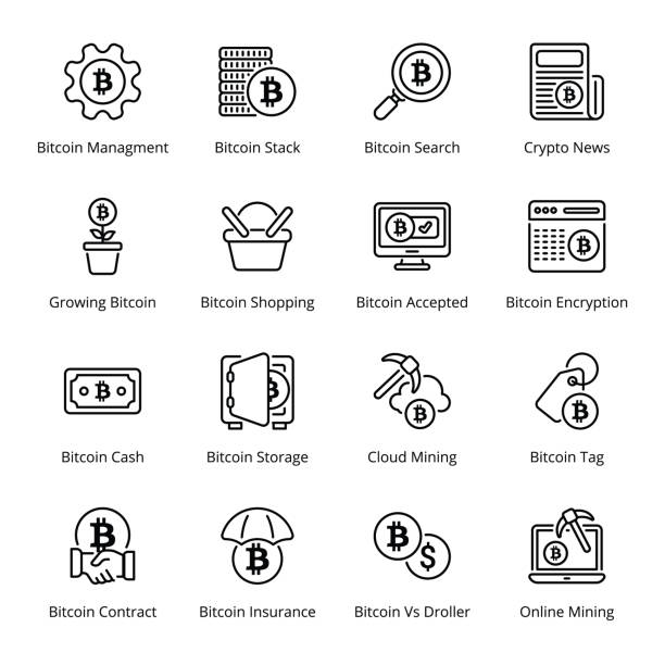 ilustraciones, imágenes clip art, dibujos animados e iconos de stock de iconos de esquema de minería bitcoin - crypt