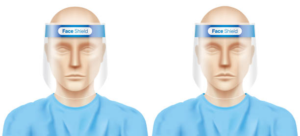 Medical workers, wearing plastic face shields. Male and female medical workers, wearing plastic face shields. Caucasian doctors with virus protection equipment, isolated on a white background. Corona virus protection, vector illustration. nurse face shield stock illustrations