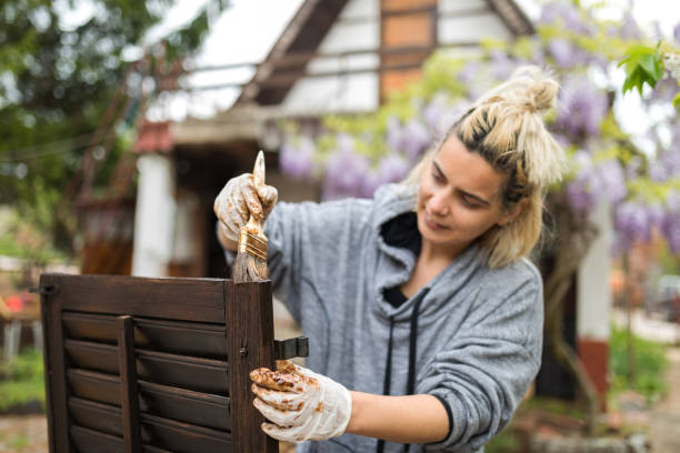 donna a casa che dipinge tende di legno - brushing paint house painter human hand foto e immagini stock