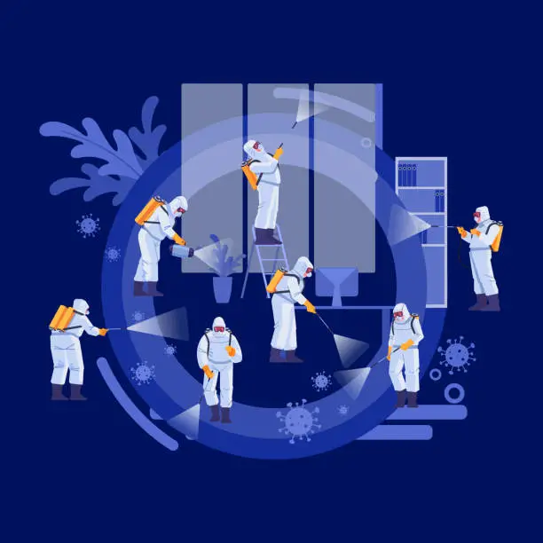 Vector illustration of Disinfection Services and Deep Cleaning concept. Coronavirus, pandemic. Group Of Janitors In Uniform Cleaning and decontamination to curb infection covid-19. Vector illustration