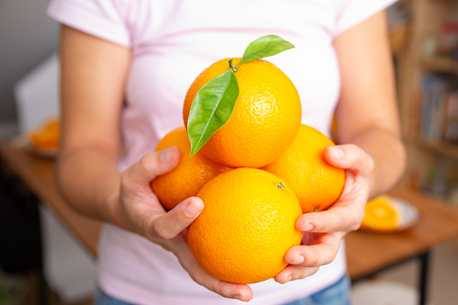Young woman holding four oranges in both hands. Ripe citrus fruits with leaves. Blurred background. Cropped view. Studio shot. Nutrition and vegetarian concept