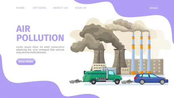 Vector illustration of Air pollution, environmental problems web page, vector illustration. Industrial factory and car with exhaust gas contaminate