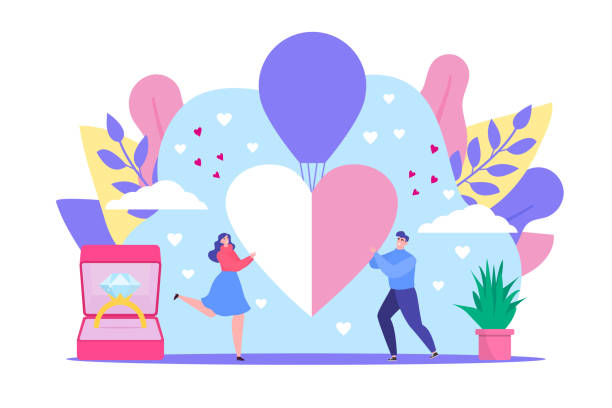 illustrations, cliparts, dessins animés et icônes de illustration de vecteur de concept de datation d’amour, caractères plats plats d’amant de femme d’homme retenant le grand coeur ensemble isolement sur le blanc - men giving balloon women