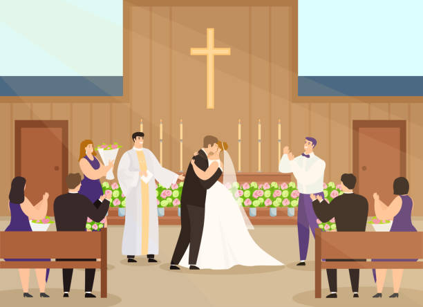 Wedding Ceremony In Church Vector Illustration Cartoon Happy Couple  Characters Getting Married And Kissing In Chapel Interior Background Stock  Illustration - Download Image Now - iStock