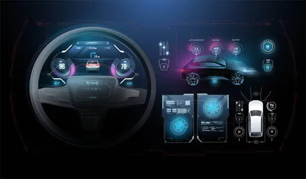 Vector illustration of Speed hud kilometer performance indicators dashboard. Car Instrument Panel. Tachometer, Data Display and Navigation. Virtual graphical interface Ui HUD Autoscann. Virtual graphic.